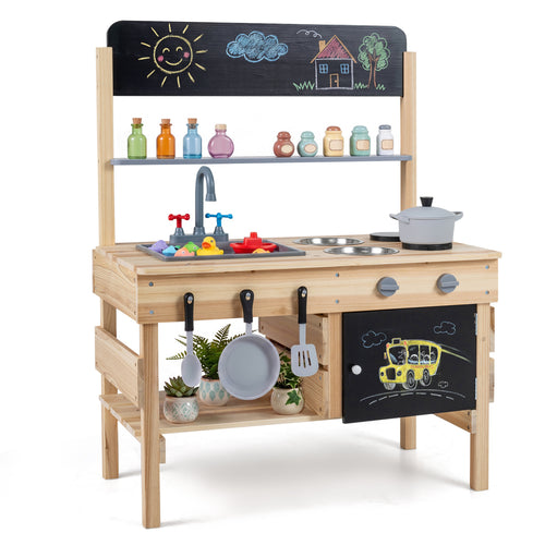Outdoor Wooden Mud Kitchen for Kids with Sink and Stoves, Natural