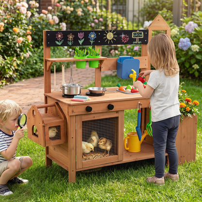Wooden Mud Kitchen with Planter Box and Sink, Natural