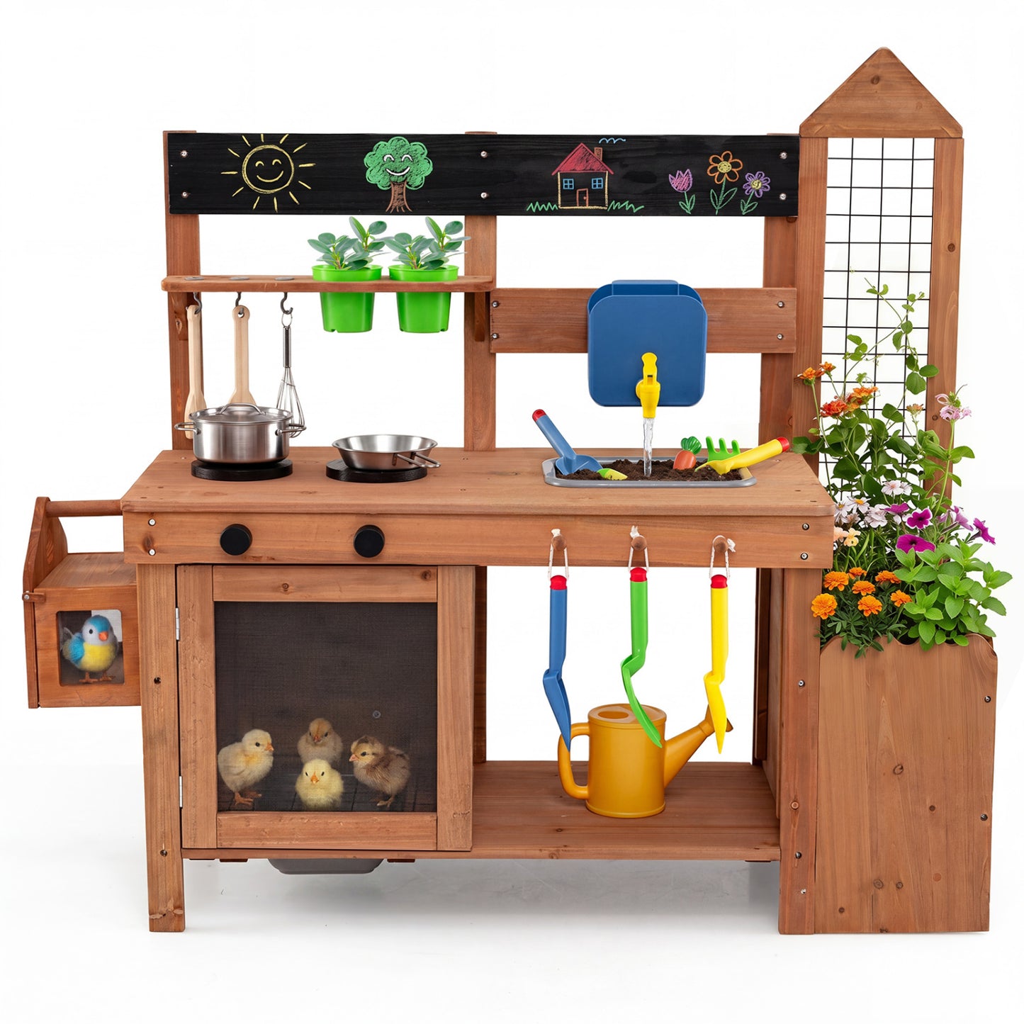 Wooden Mud Kitchen with Planter Box and Sink, Natural