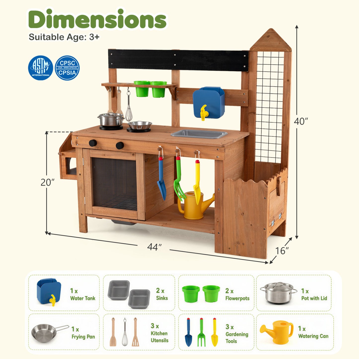 Wooden Mud Kitchen with Planter Box and Sink, Natural