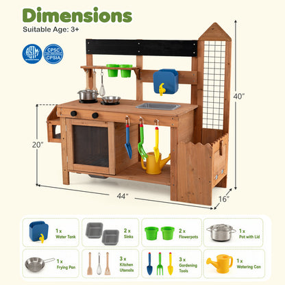 Wooden Mud Kitchen with Planter Box and Sink, Natural