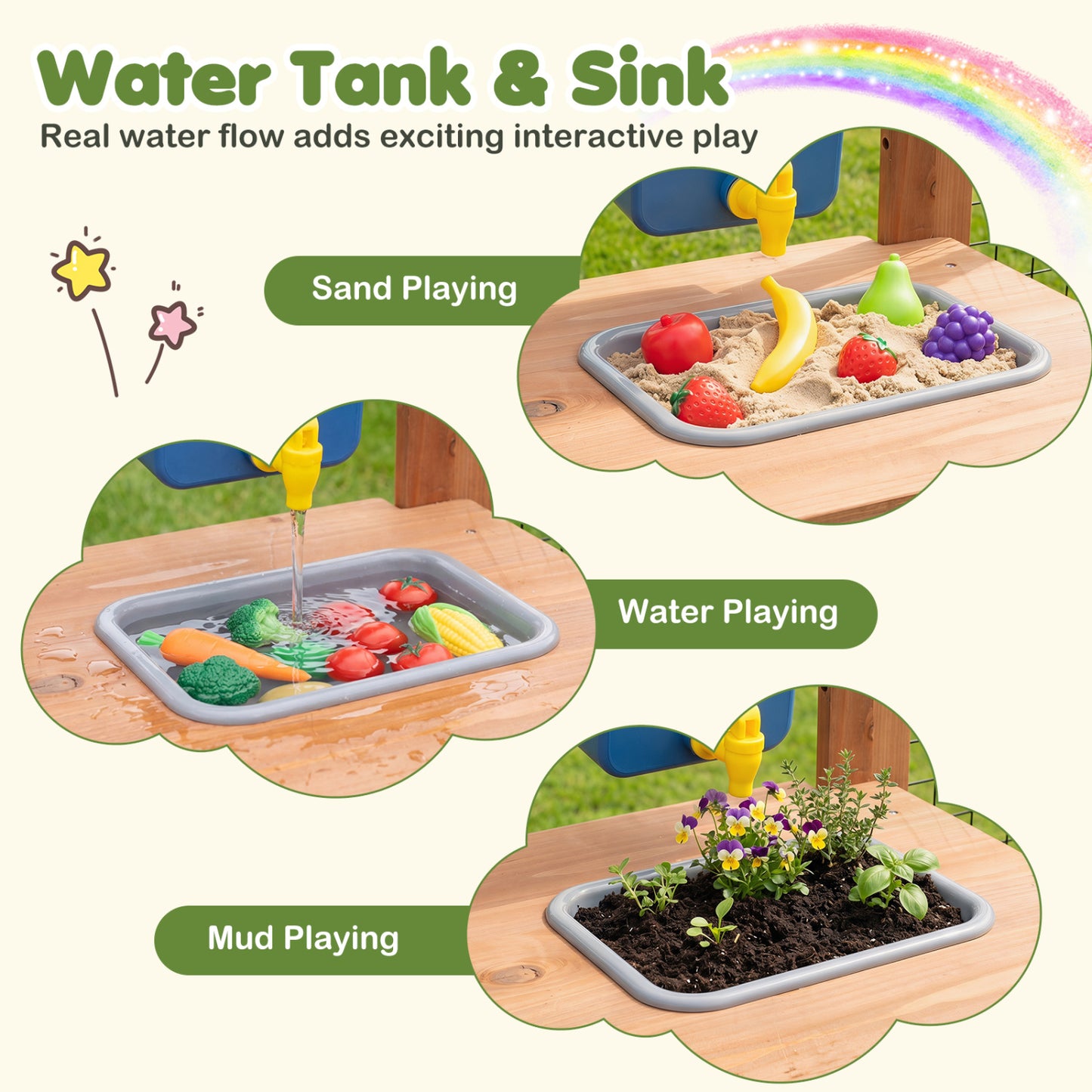 Wooden Mud Kitchen with Planter Box and Sink, Natural