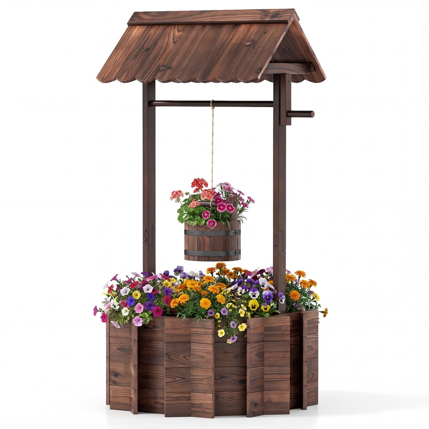 Outdoor Wooden Wishing Well Planter Bucket, Natural Outdoor Decor Natural at Gallery Canada