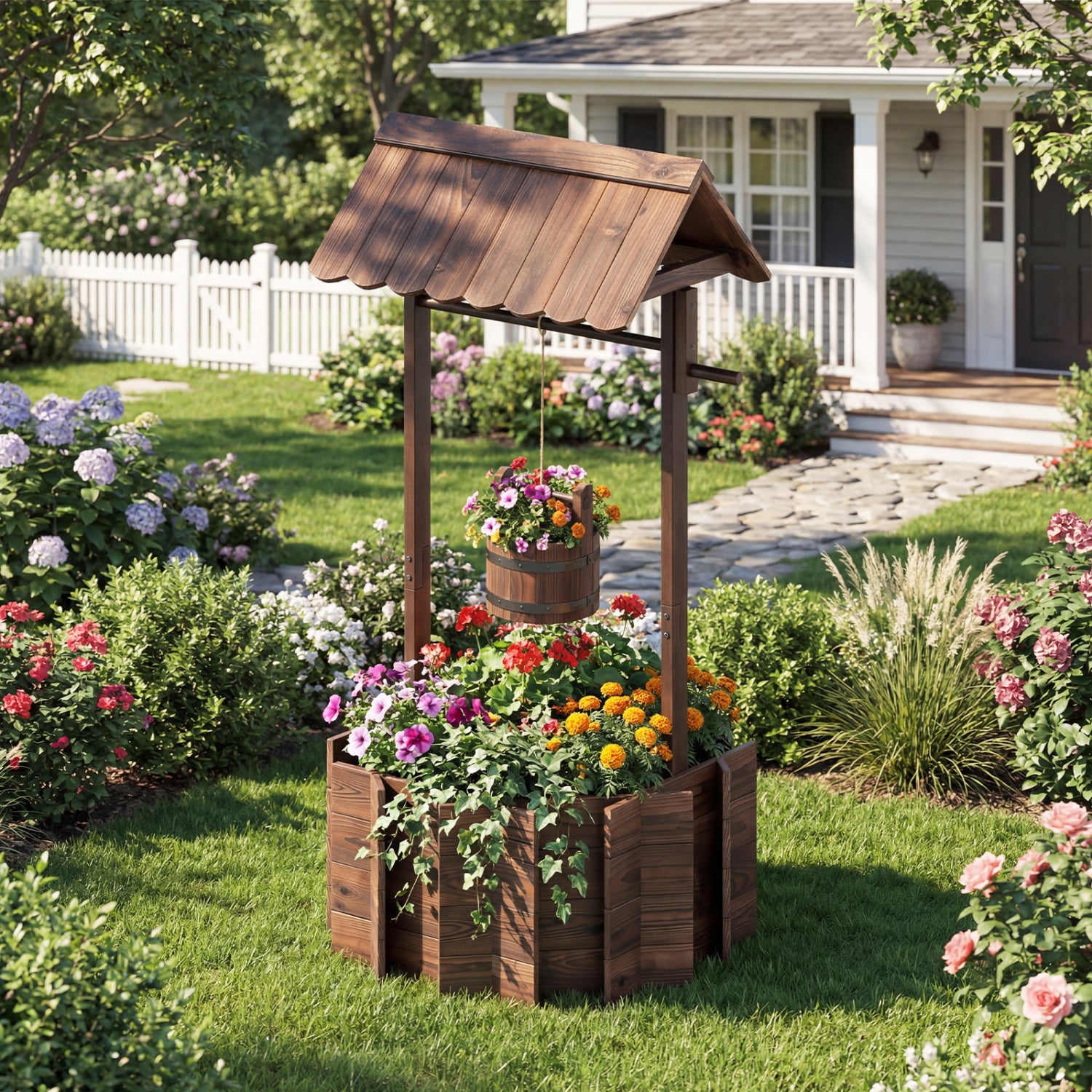 Outdoor Wooden Wishing Well Planter Bucket, Natural Outdoor Decor at Gallery Canada