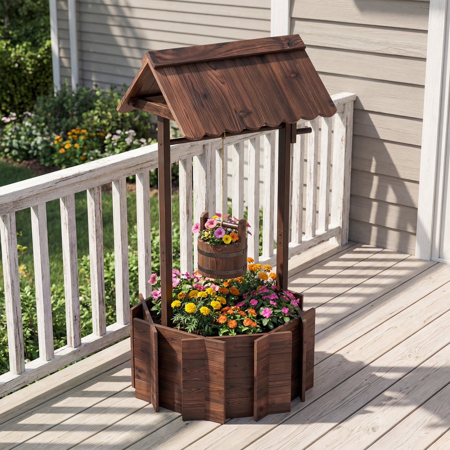 Outdoor Wooden Wishing Well Planter Bucket, Natural Outdoor Decor at Gallery Canada
