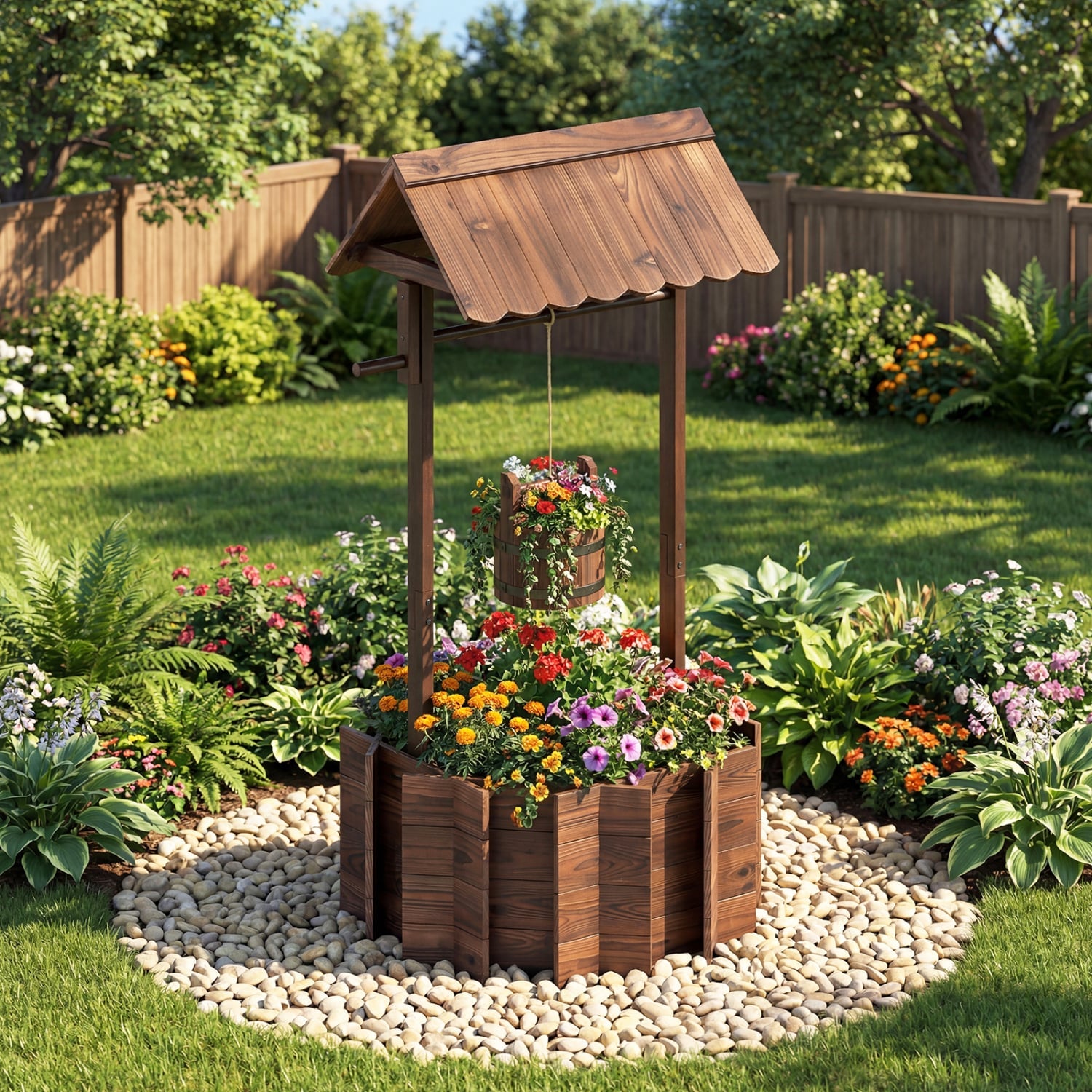 Outdoor Wooden Wishing Well Planter Bucket, Natural Outdoor Decor at Gallery Canada
