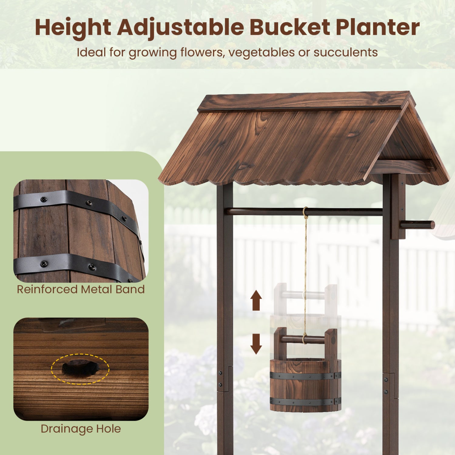 Outdoor Wooden Wishing Well Planter Bucket, Natural Outdoor Decor at Gallery Canada