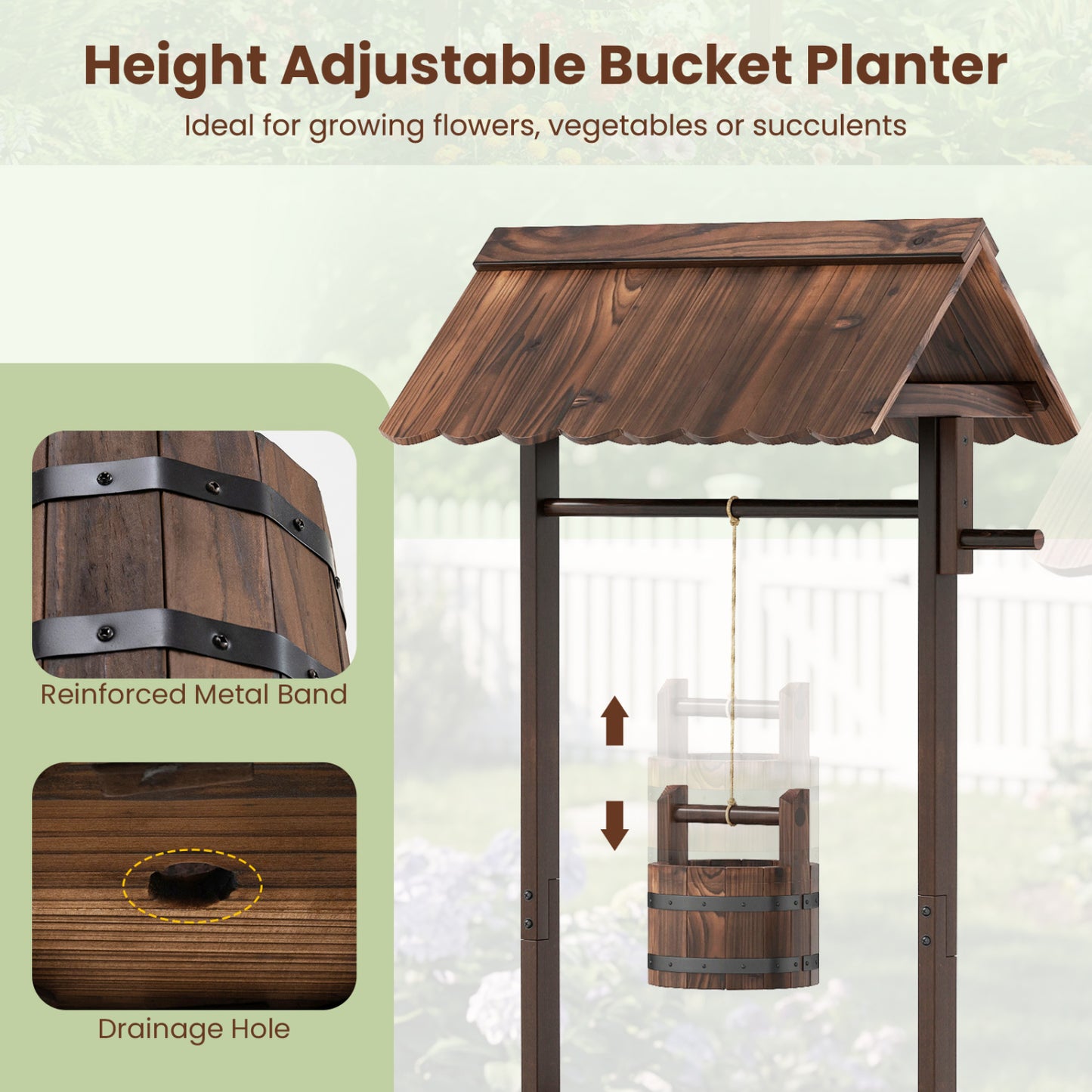 Outdoor Wooden Wishing Well Planter Bucket, Natural Outdoor Decor at Gallery Canada