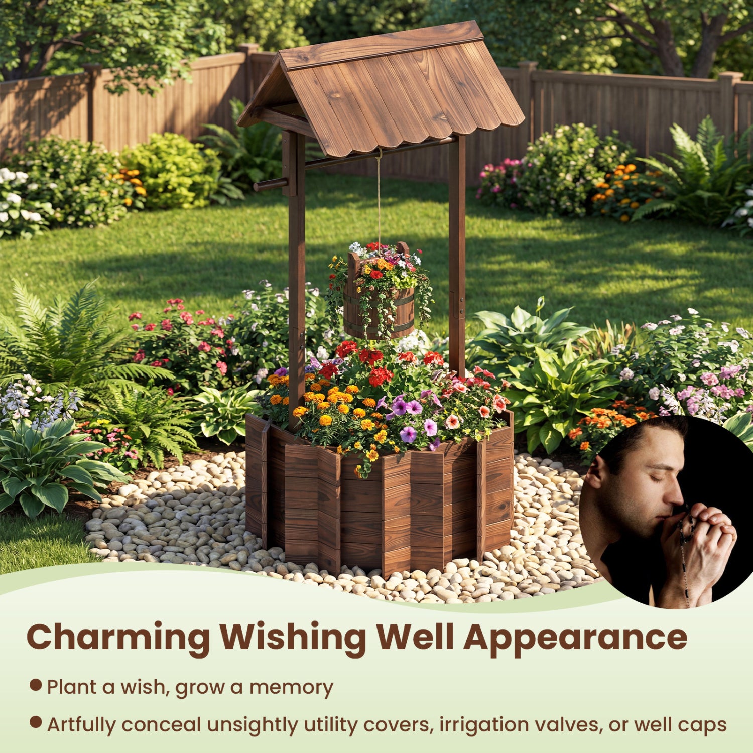 Outdoor Wooden Wishing Well Planter Bucket, Natural Outdoor Decor at Gallery Canada