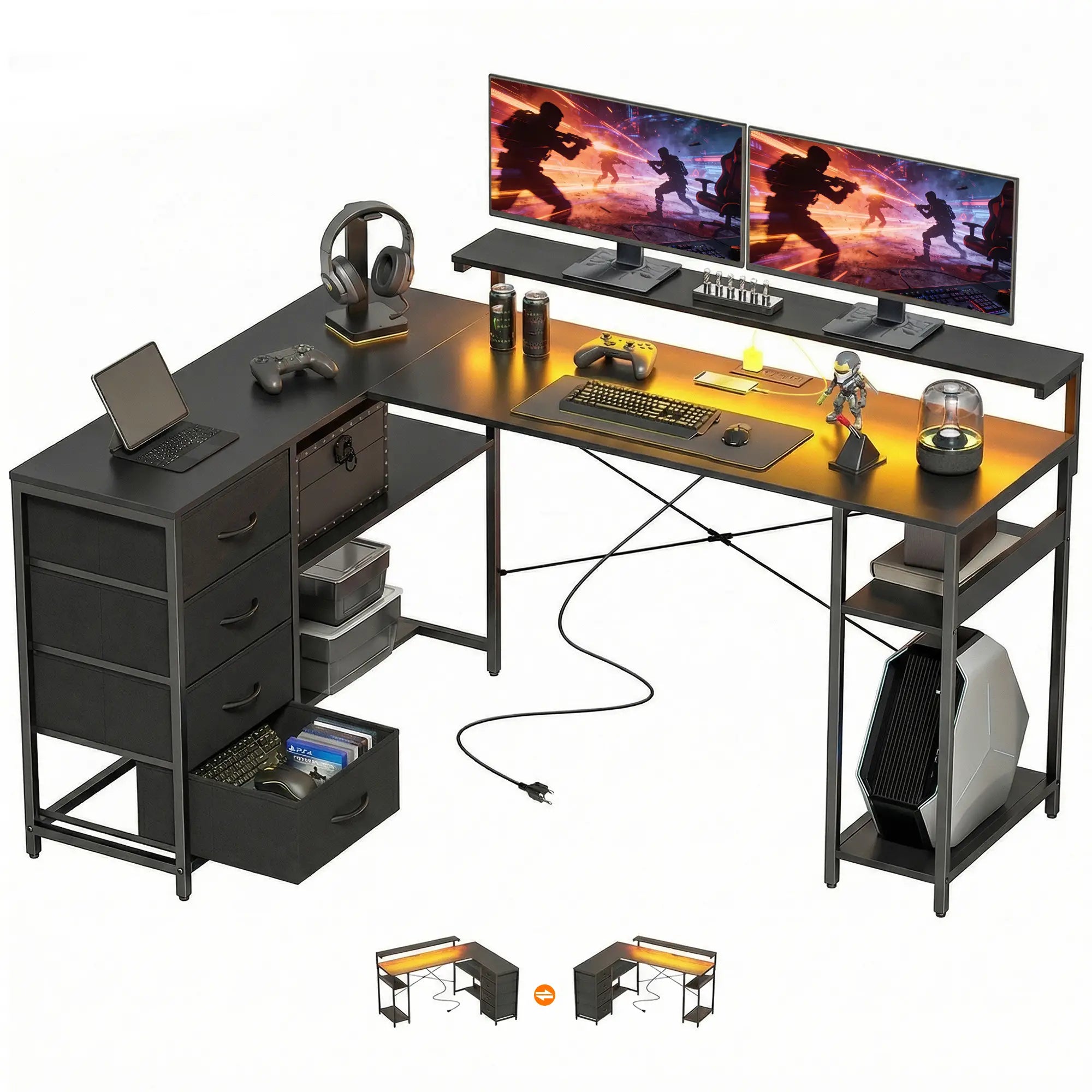 Gaming Desk With Power Outlets, LED Lights, Drawers, Monitor Stand, 61