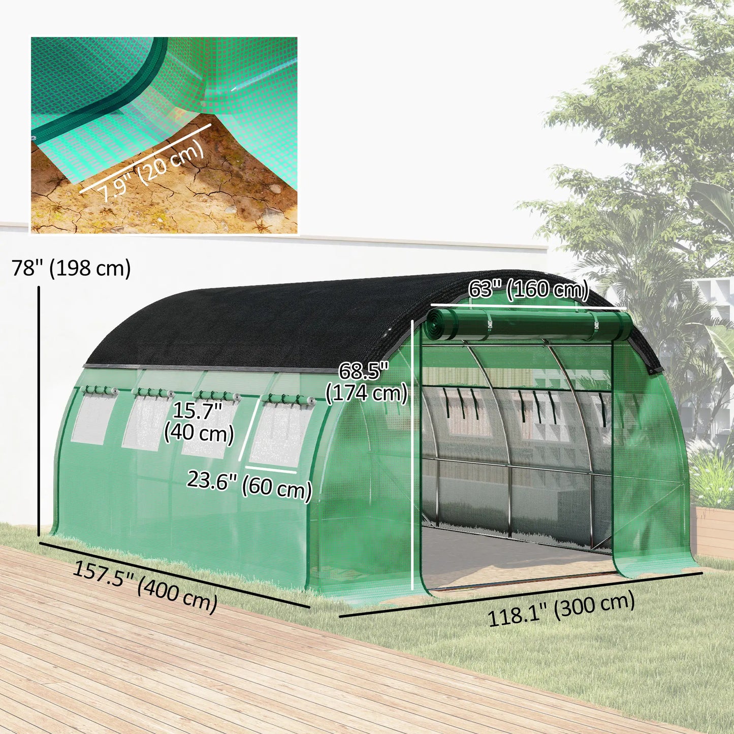 Walk-in Tunnel Greenhouse, 10' x 13' x 6.5', Mesh Sidewalls, 2 Doors, Green