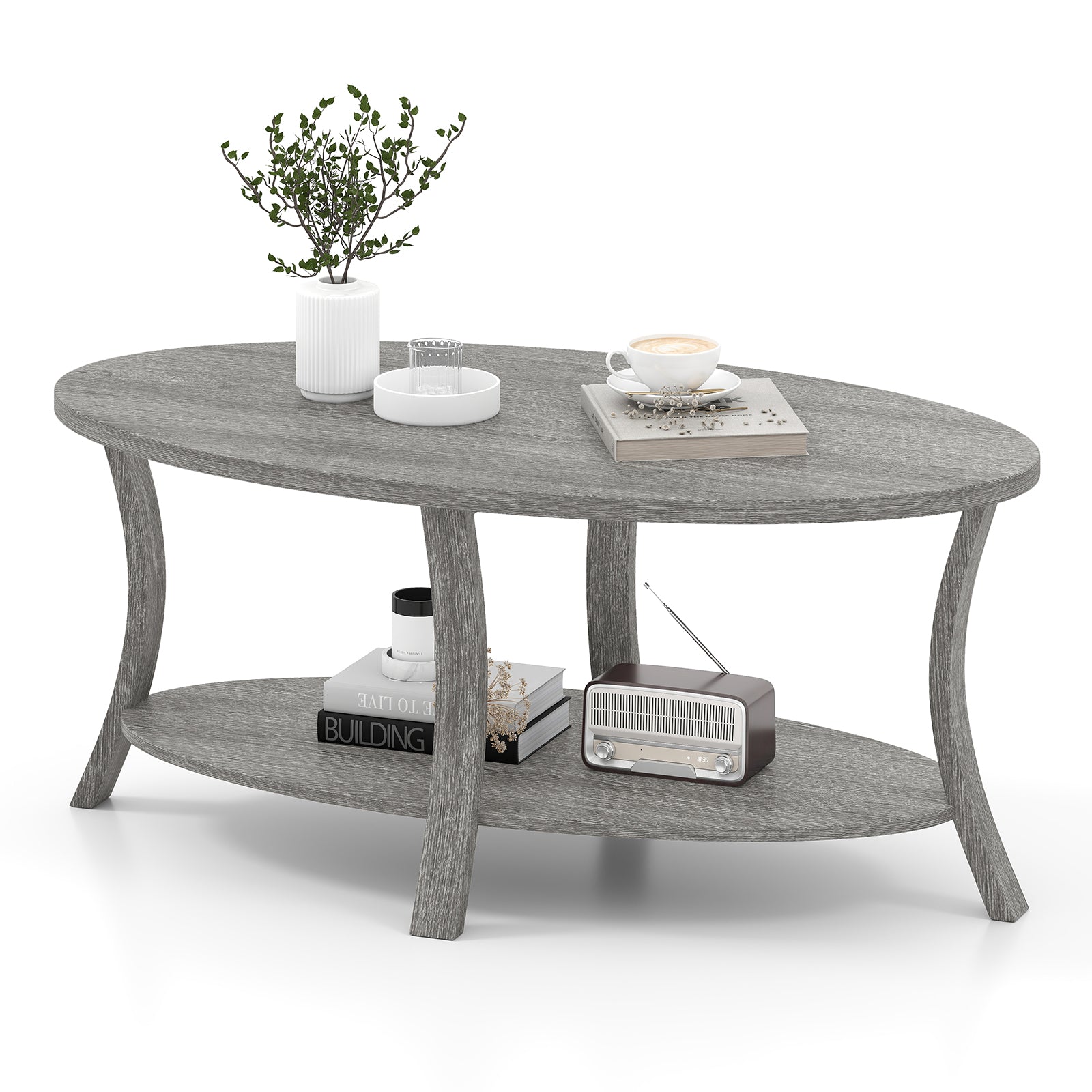 Oval Coffee Table, 2-Tier With Storage Shelf, Gray Coffee Tables Gray at Gallery Canada