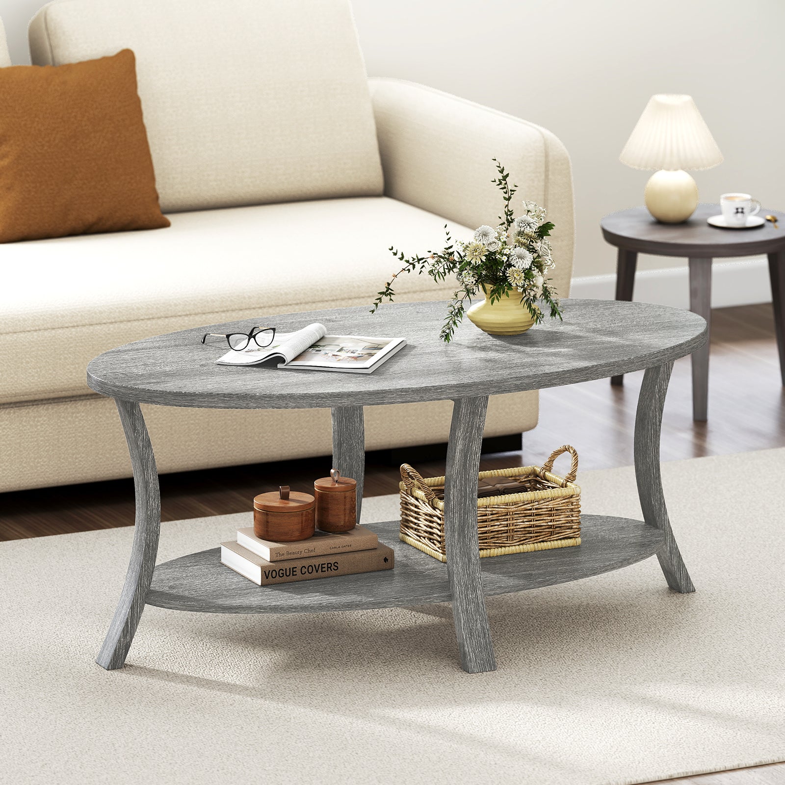 Oval Coffee Table 2-Tier Center Table with Storage Shelf, Gray Coffee Tables at Gallery Canada