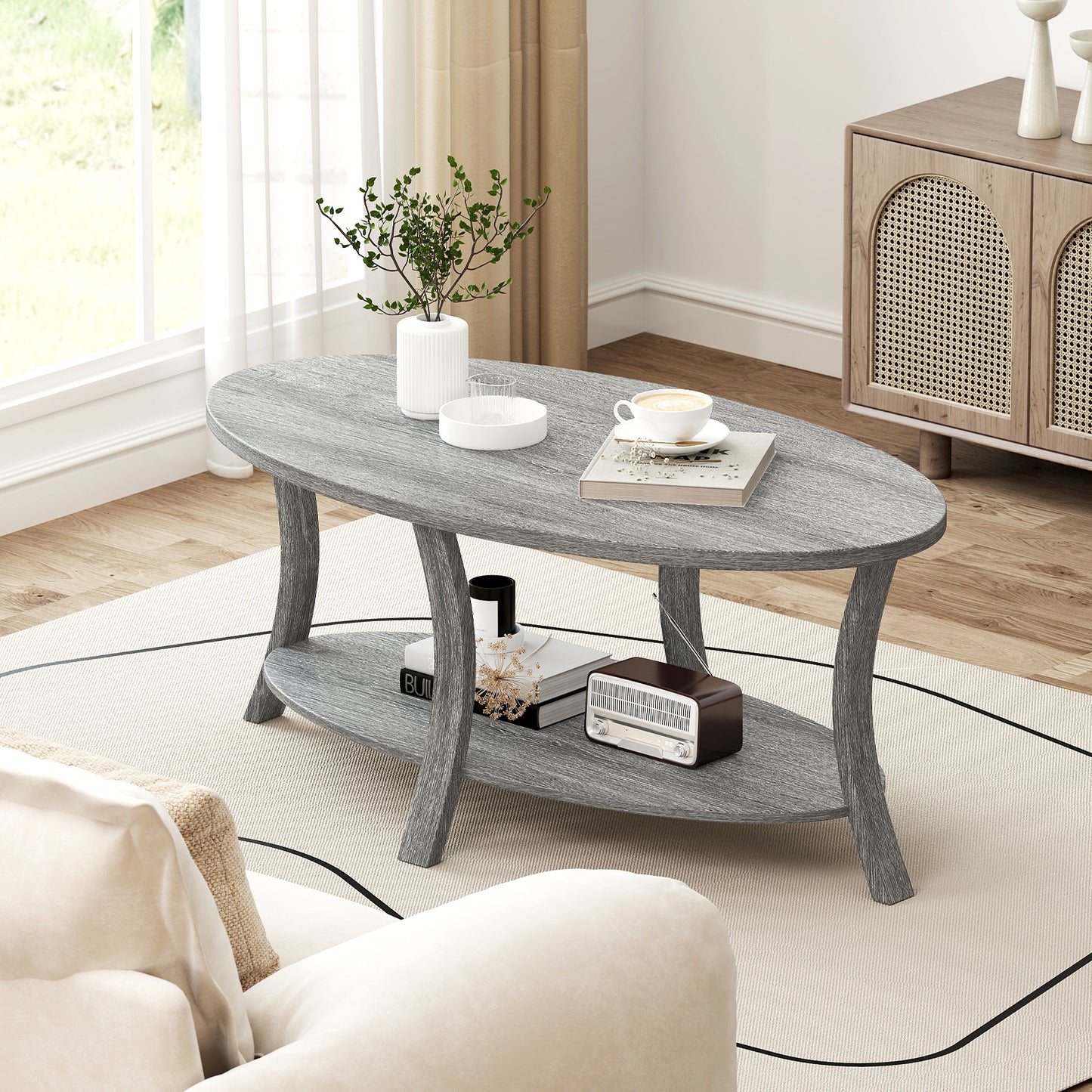 Oval Coffee Table 2-Tier Center Table with Storage Shelf, Gray Coffee Tables at Gallery Canada