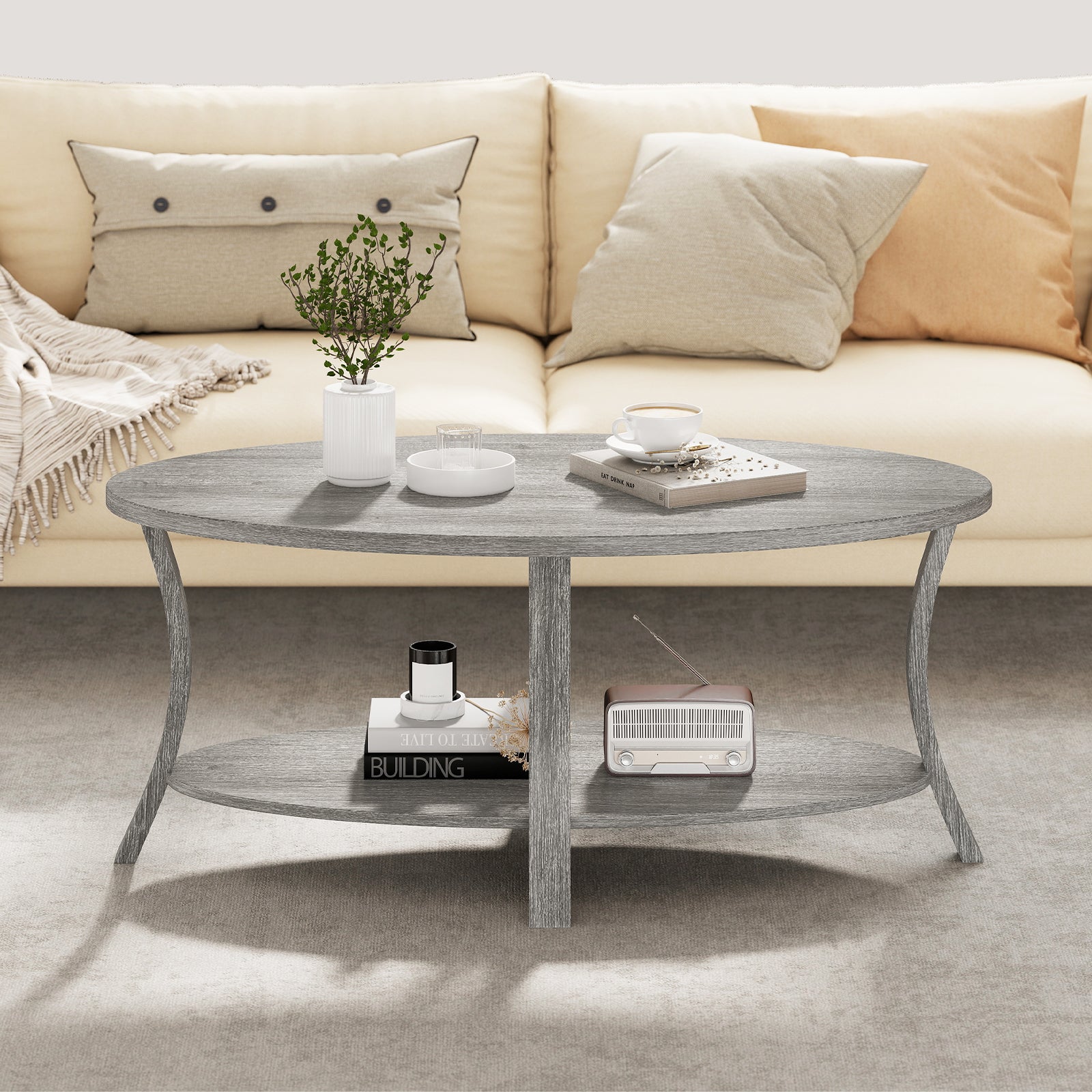Oval Coffee Table 2-Tier Center Table with Storage Shelf, Gray Coffee Tables at Gallery Canada