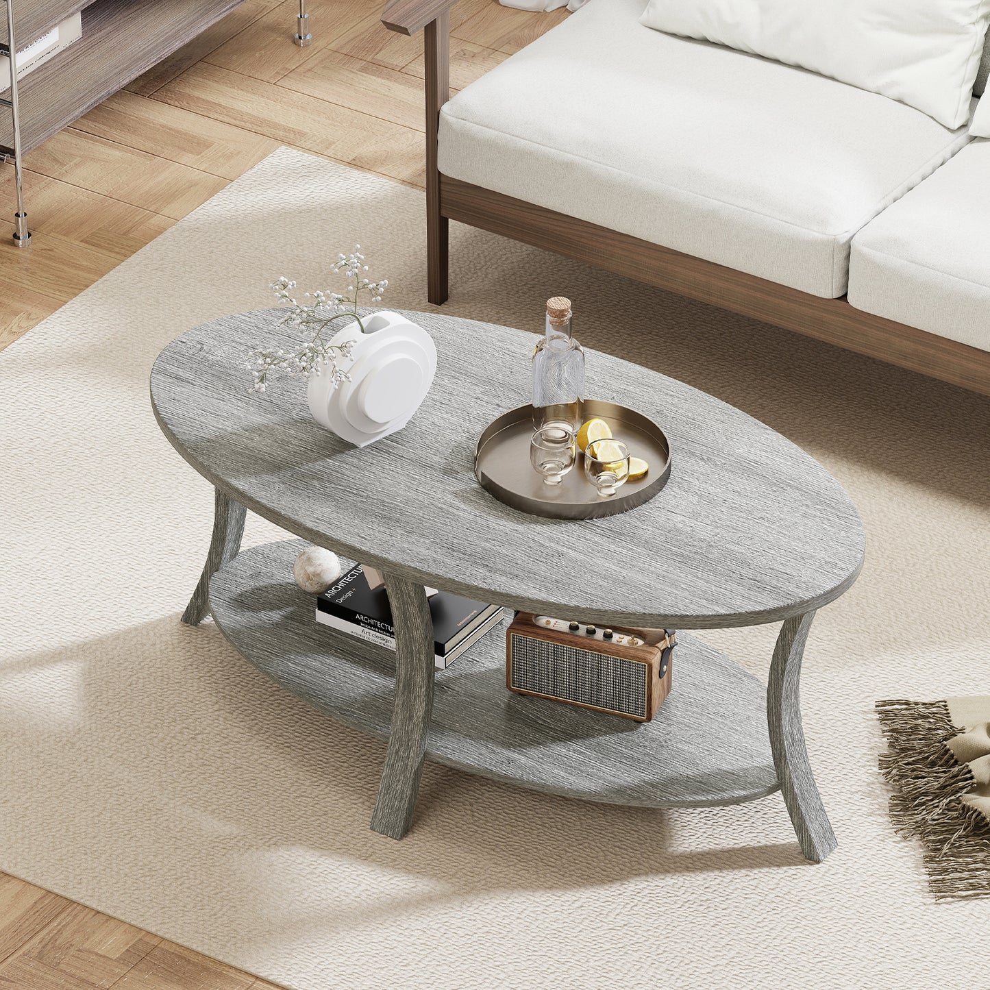 Oval Coffee Table 2-Tier Center Table with Storage Shelf, Gray Coffee Tables at Gallery Canada