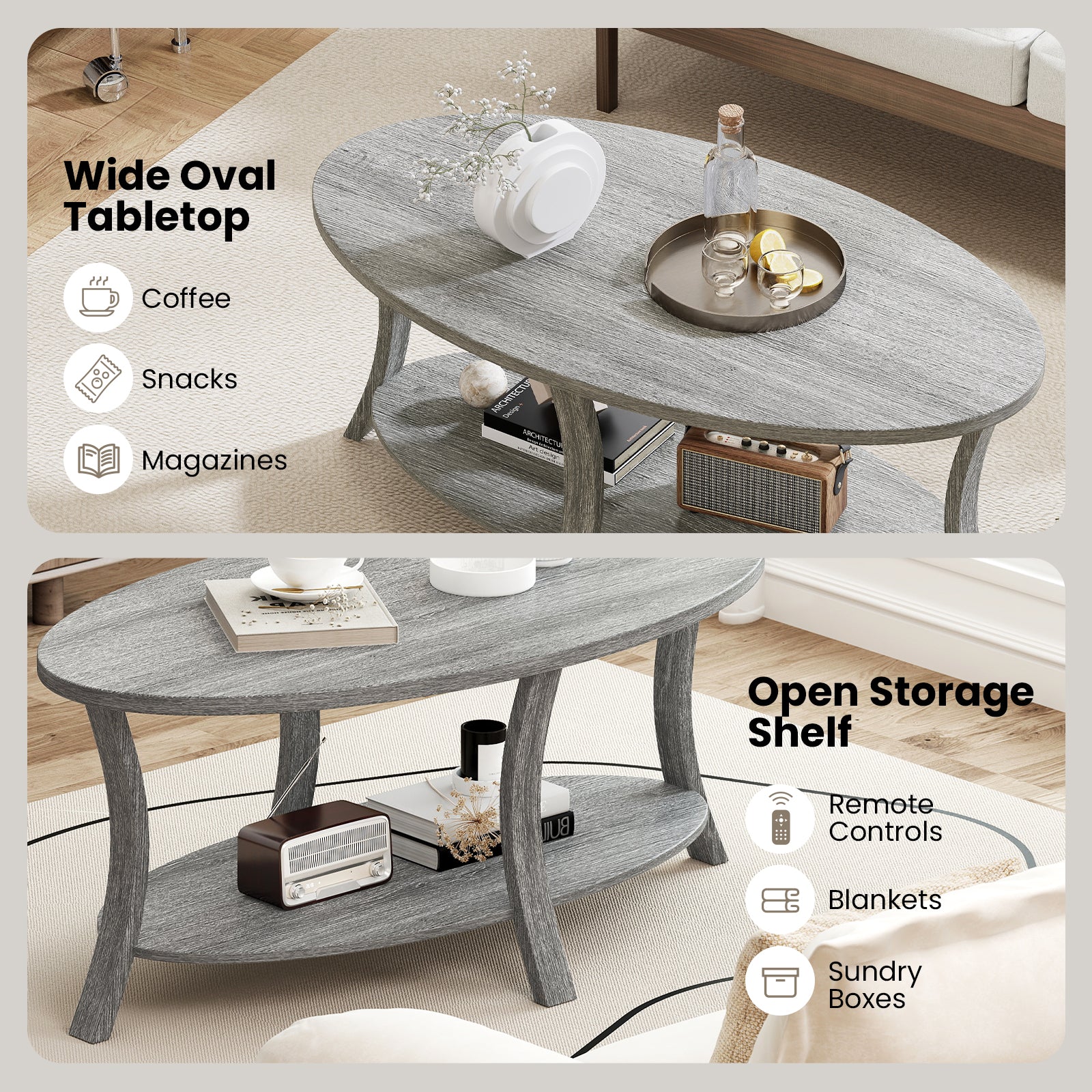 Oval Coffee Table 2-Tier Center Table with Storage Shelf, Gray Coffee Tables at Gallery Canada
