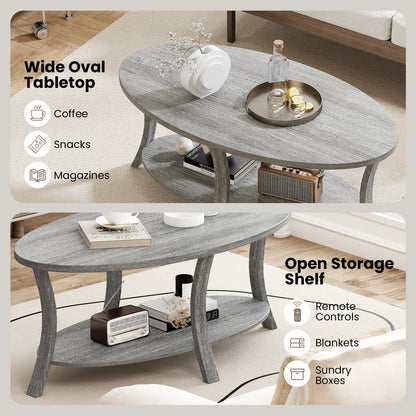 Oval Coffee Table 2-Tier Center Table with Storage Shelf, Gray Coffee Tables at Gallery Canada