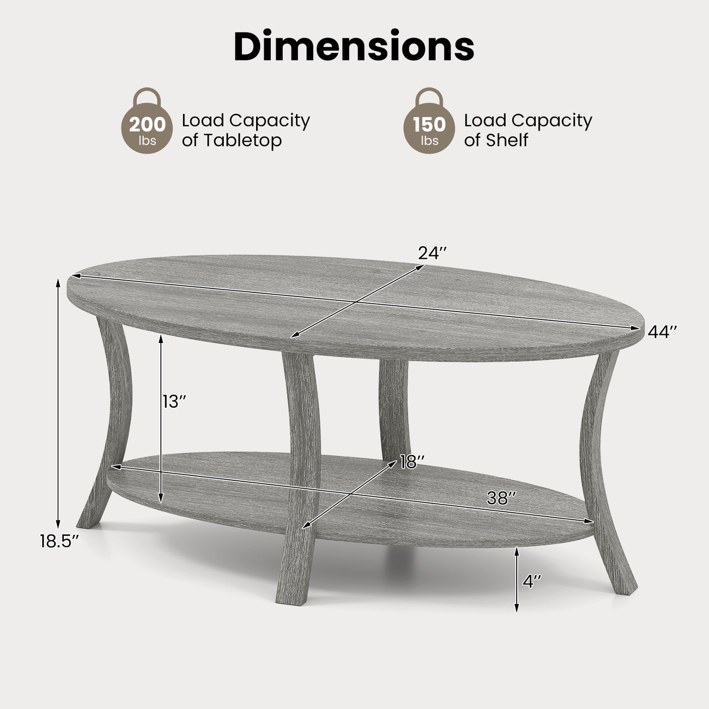 Oval Coffee Table 2-Tier Center Table with Storage Shelf, Gray Coffee Tables at Gallery Canada