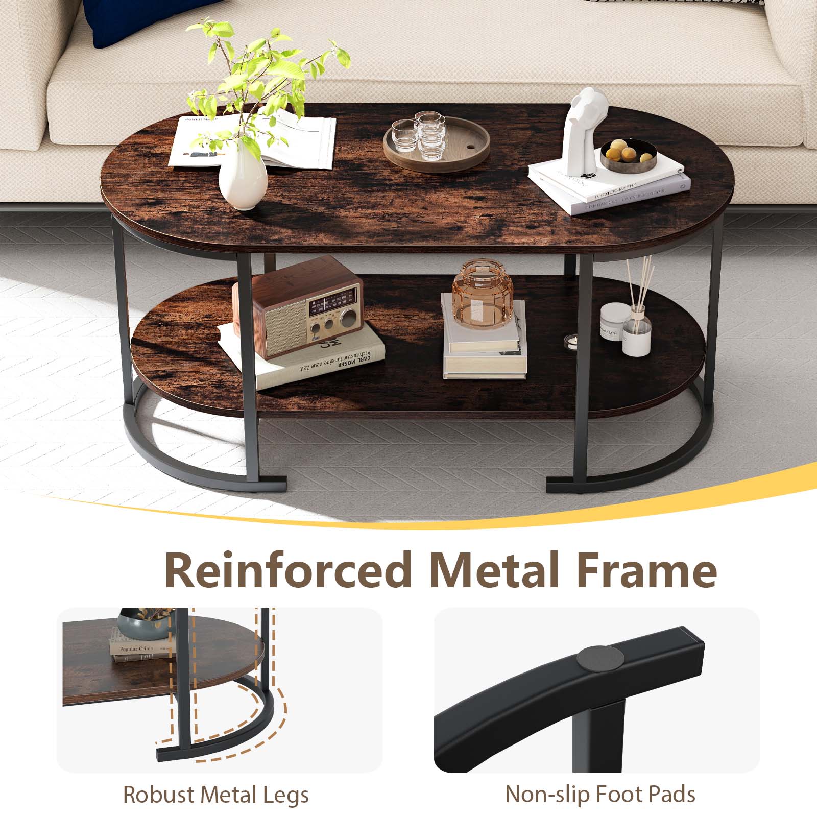 Oval Coffee Table 2-Tier Wooden Accent Table with Spacious Tabletop and Open Storage Shelf, Rustic Brown Coffee Tables at Gallery Canada