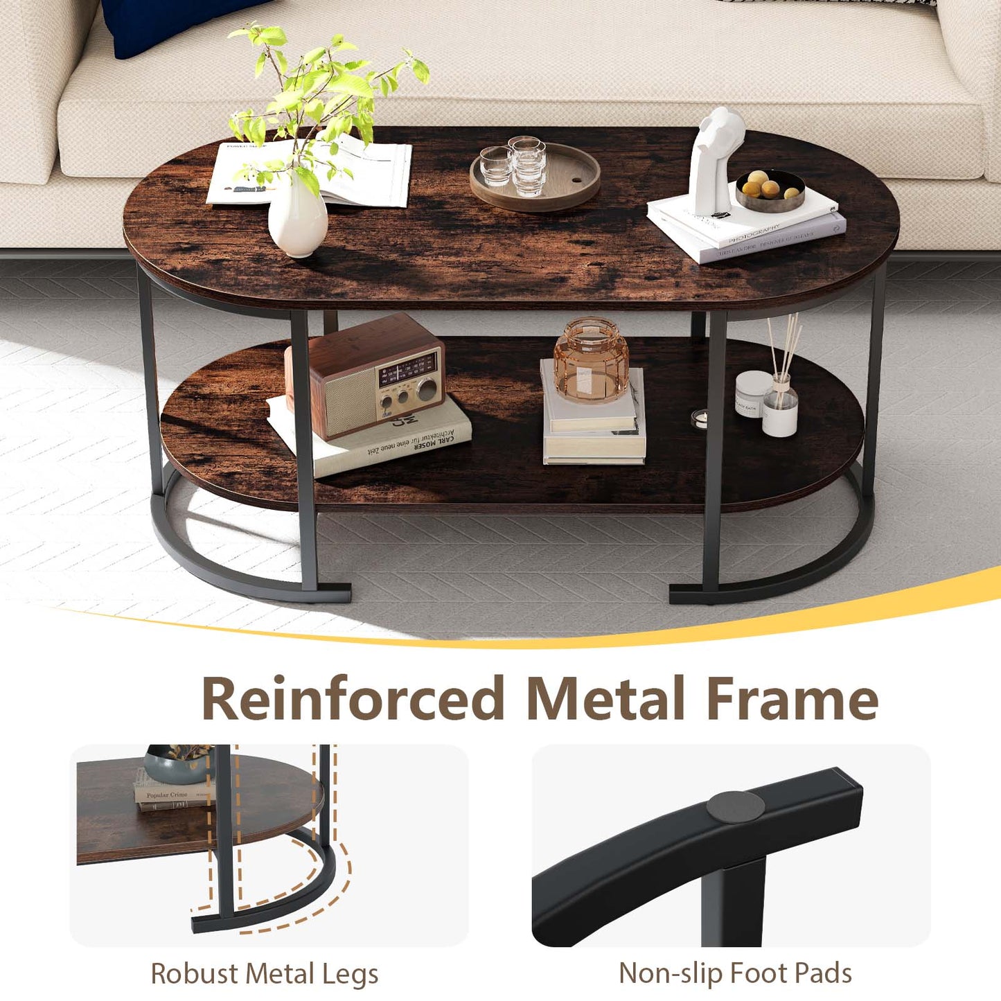 Oval Coffee Table 2-Tier Wooden Accent Table with Spacious Tabletop and Open Storage Shelf, Rustic Brown Coffee Tables at Gallery Canada