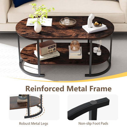Oval Coffee Table 2-Tier Wooden Accent Table with Spacious Tabletop and Open Storage Shelf, Rustic Brown Coffee Tables at Gallery Canada