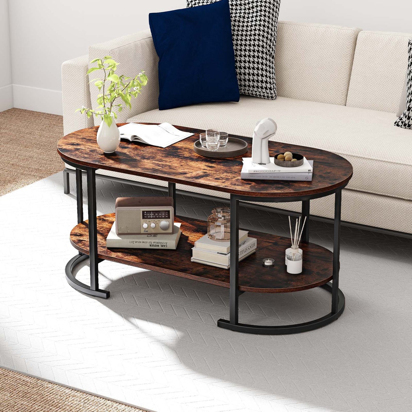 Oval Coffee Table 2-Tier Wooden Accent Table with Spacious Tabletop and Open Storage Shelf, Rustic Brown Coffee Tables at Gallery Canada