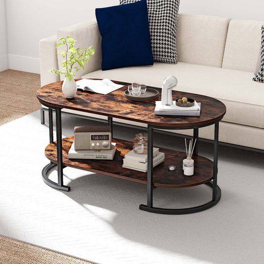 Oval Coffee Table 2-Tier Wooden Accent Table with Spacious Tabletop and Open Storage Shelf, Rustic Brown Coffee Tables Rustic Brown at Gallery Canada