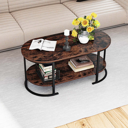 Oval Coffee Table 2-Tier Wooden Accent Table with Spacious Tabletop and Open Storage Shelf, Rustic Brown Coffee Tables at Gallery Canada