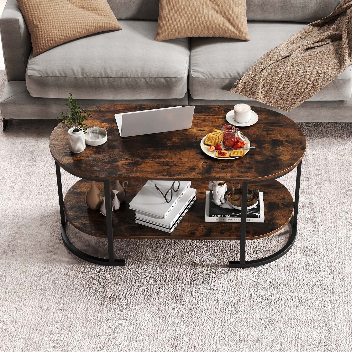 Oval Coffee Table 2-Tier Wooden Accent Table with Spacious Tabletop and Open Storage Shelf, Rustic Brown Coffee Tables at Gallery Canada