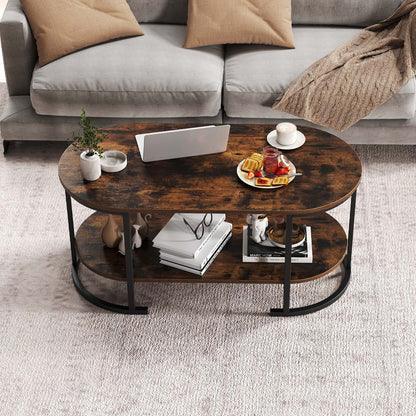 Oval Coffee Table 2-Tier Wooden Accent Table with Spacious Tabletop and Open Storage Shelf, Rustic Brown Coffee Tables at Gallery Canada