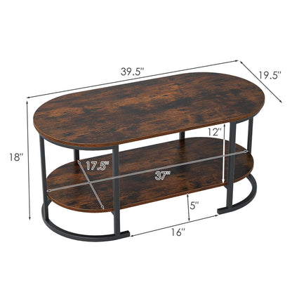 Oval Coffee Table 2-Tier Wooden Accent Table with Spacious Tabletop and Open Storage Shelf, Rustic Brown Coffee Tables at Gallery Canada
