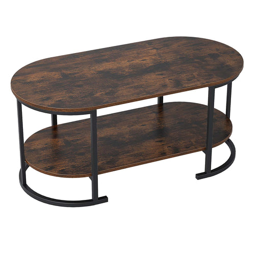 Oval Coffee Table, 2-Tier Wooden Accent Table, Rustic Brown