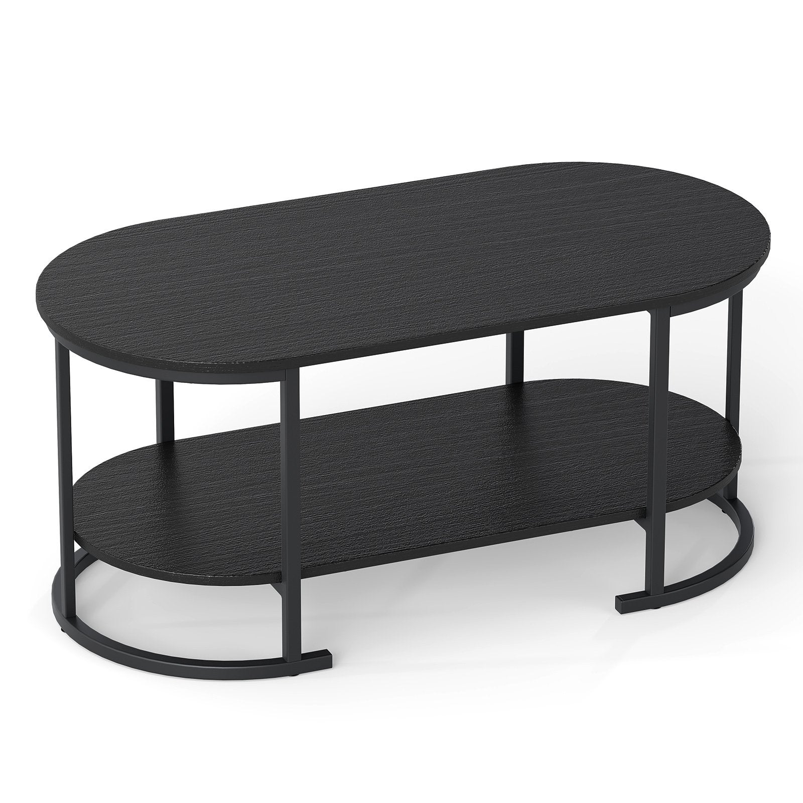 Oval Coffee Table 2-Tier Wooden Accent Table with Spacious Tabletop and Open Storage Shelf, Black Coffee Tables Black at Gallery Canada