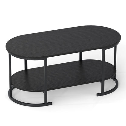 Oval Coffee Table 2-Tier Wooden Accent Table with Spacious Tabletop and Open Storage Shelf, Black Coffee Tables Black at Gallery Canada