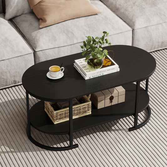 Oval Coffee Table 2-Tier Wooden Accent Table with Spacious Tabletop and Open Storage Shelf, Black Coffee Tables Black at Gallery Canada