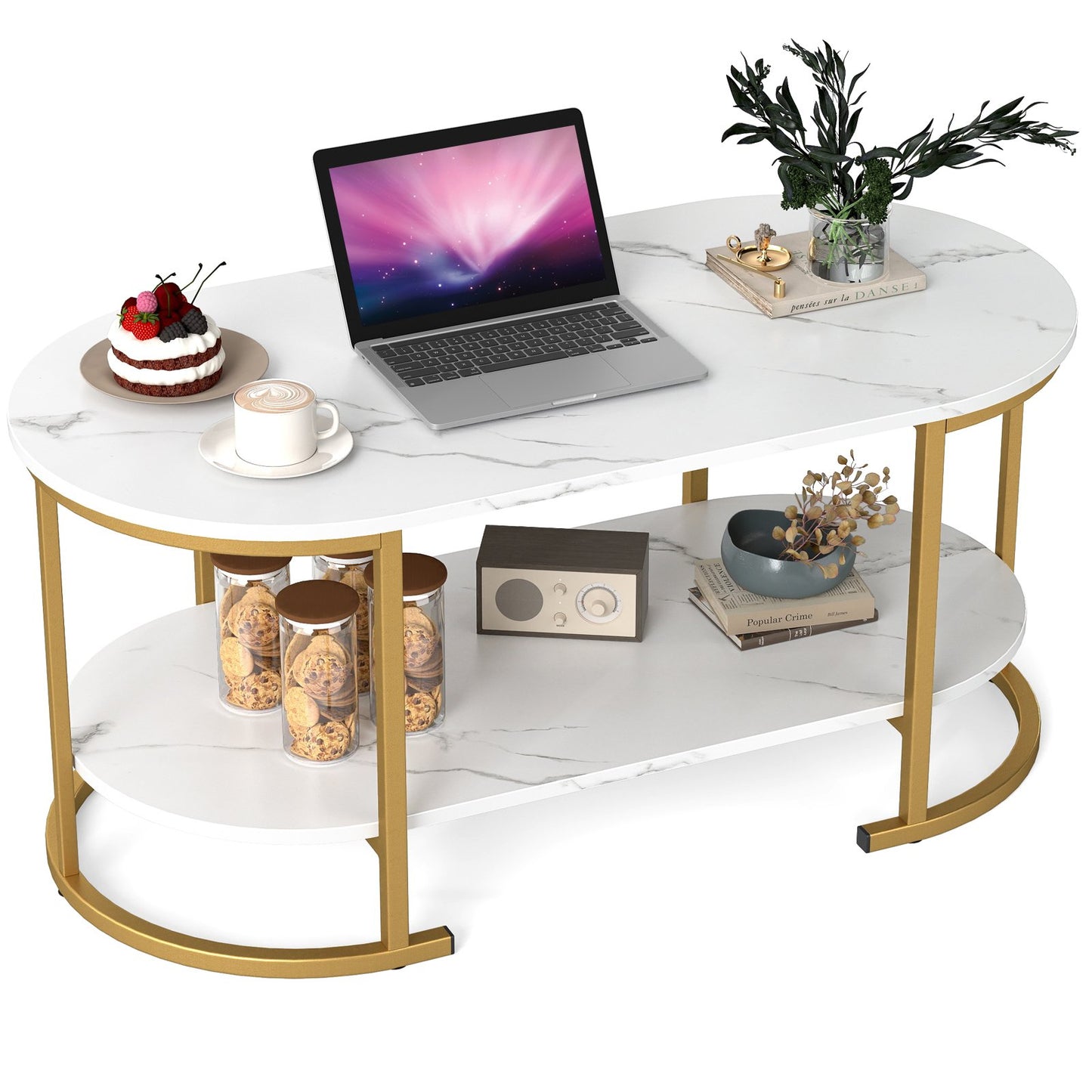 Oval Coffee Table 2-Tier Wooden Accent Table with Spacious Tabletop and Open Storage Shelf, White Coffee Tables at Gallery Canada