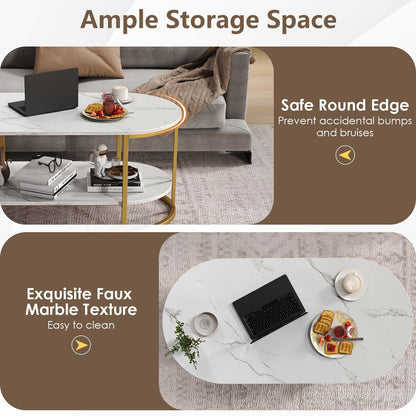 Oval Coffee Table 2-Tier Wooden Accent Table with Spacious Tabletop and Open Storage Shelf, White Coffee Tables at Gallery Canada