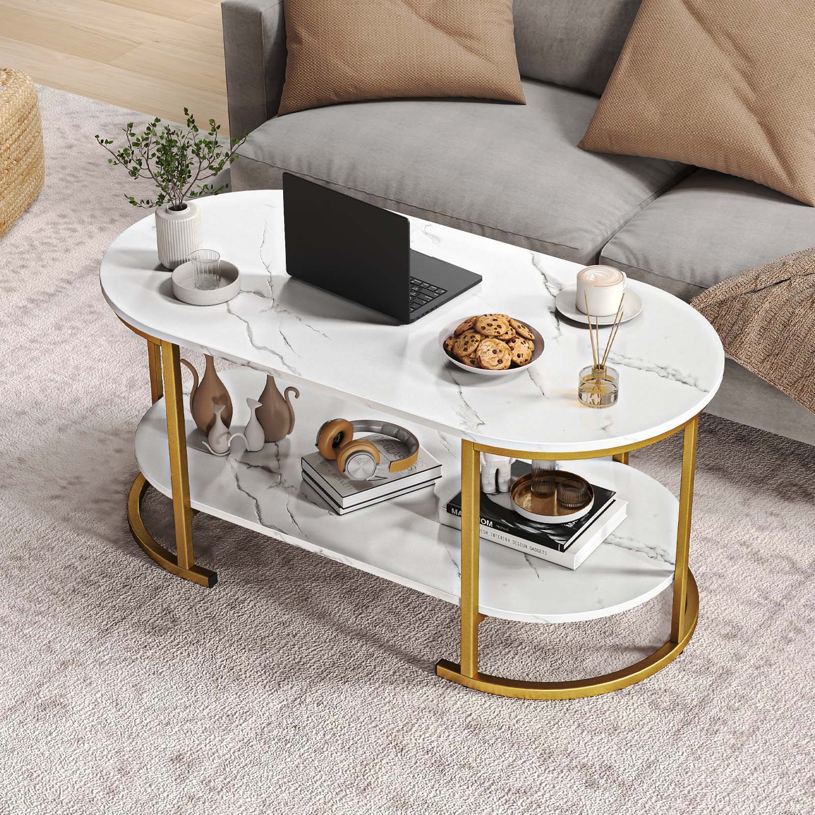 Oval Coffee Table 2-Tier Wooden Accent Table with Spacious Tabletop and Open Storage Shelf, White Coffee Tables at Gallery Canada