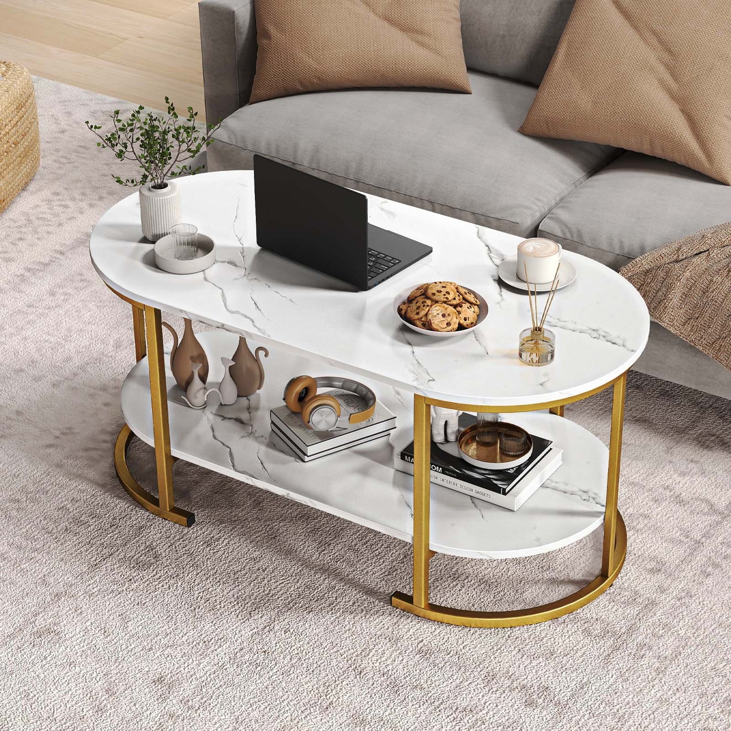 Oval Coffee Table 2-Tier Wooden Accent Table with Spacious Tabletop and Open Storage Shelf, White Coffee Tables at Gallery Canada