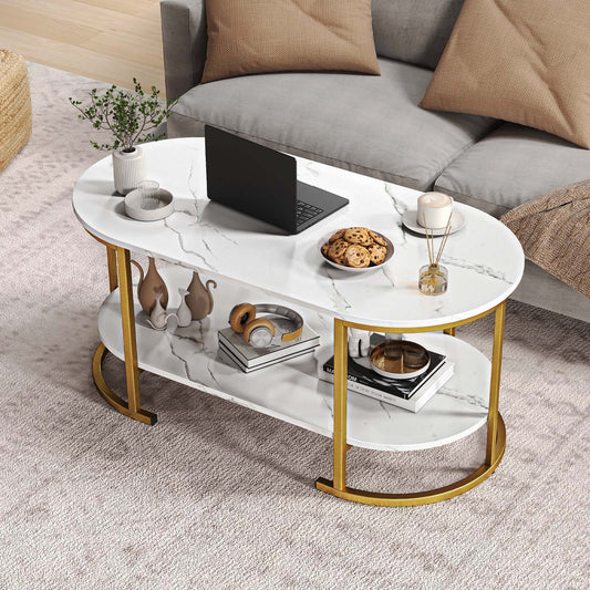 Oval Coffee Table 2-Tier Wooden Accent Table with Spacious Tabletop and Open Storage Shelf, White Coffee Tables White at Gallery Canada