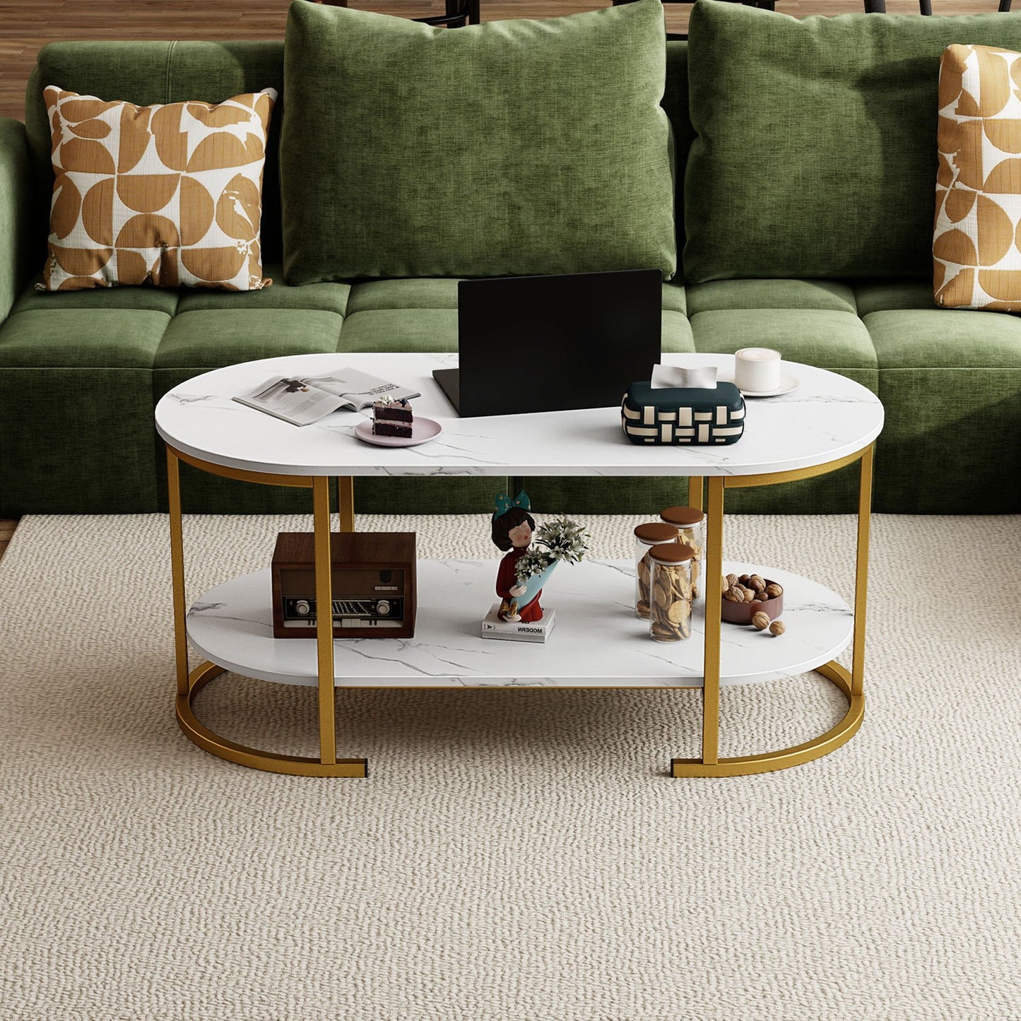 Oval Coffee Table 2-Tier Wooden Accent Table with Spacious Tabletop and Open Storage Shelf, White Coffee Tables at Gallery Canada