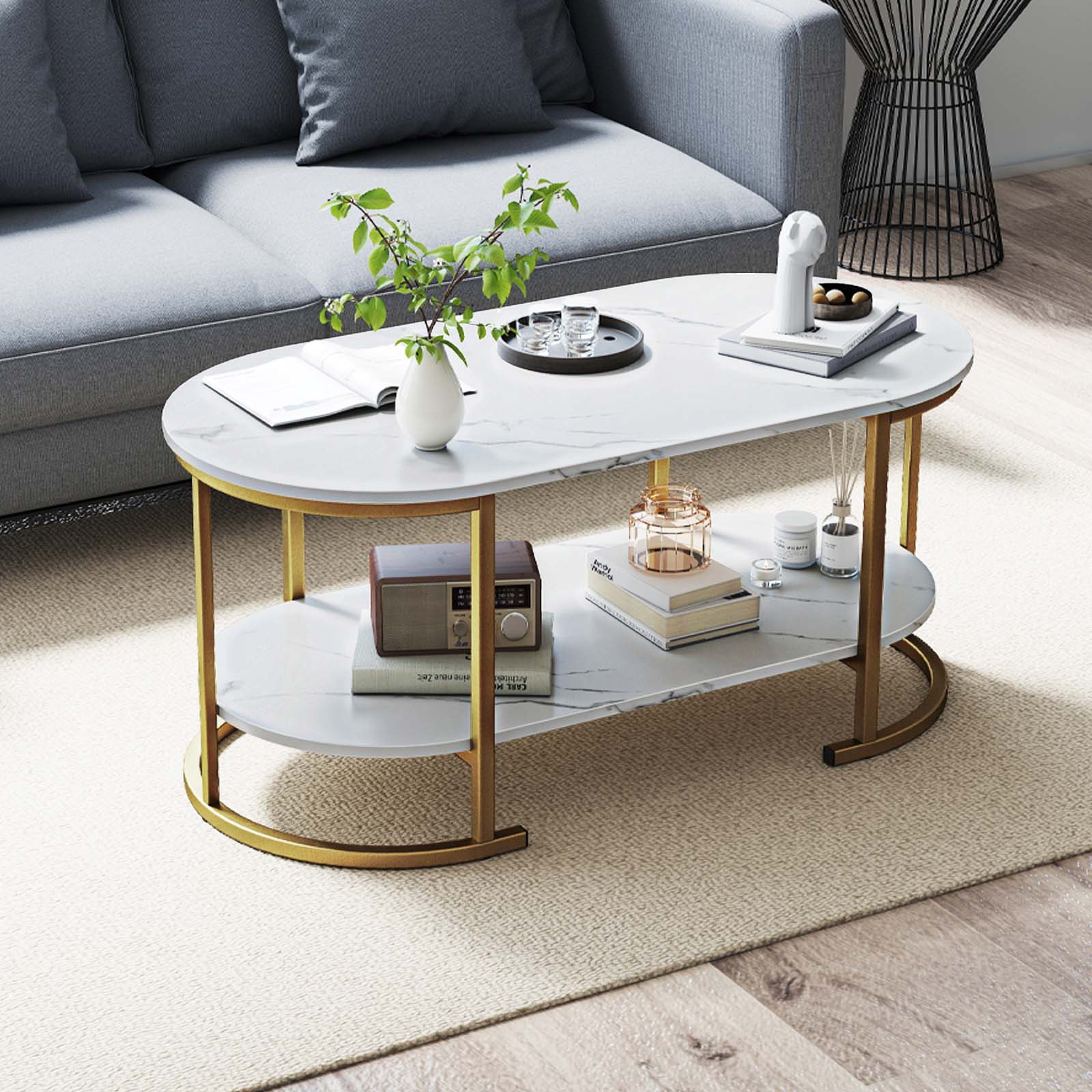 Oval Coffee Table 2-Tier Wooden Accent Table with Spacious Tabletop and Open Storage Shelf, White Coffee Tables at Gallery Canada