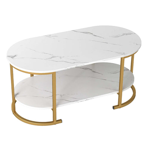 Oval Coffee Table, 2-Tier Wooden Accent Table, White