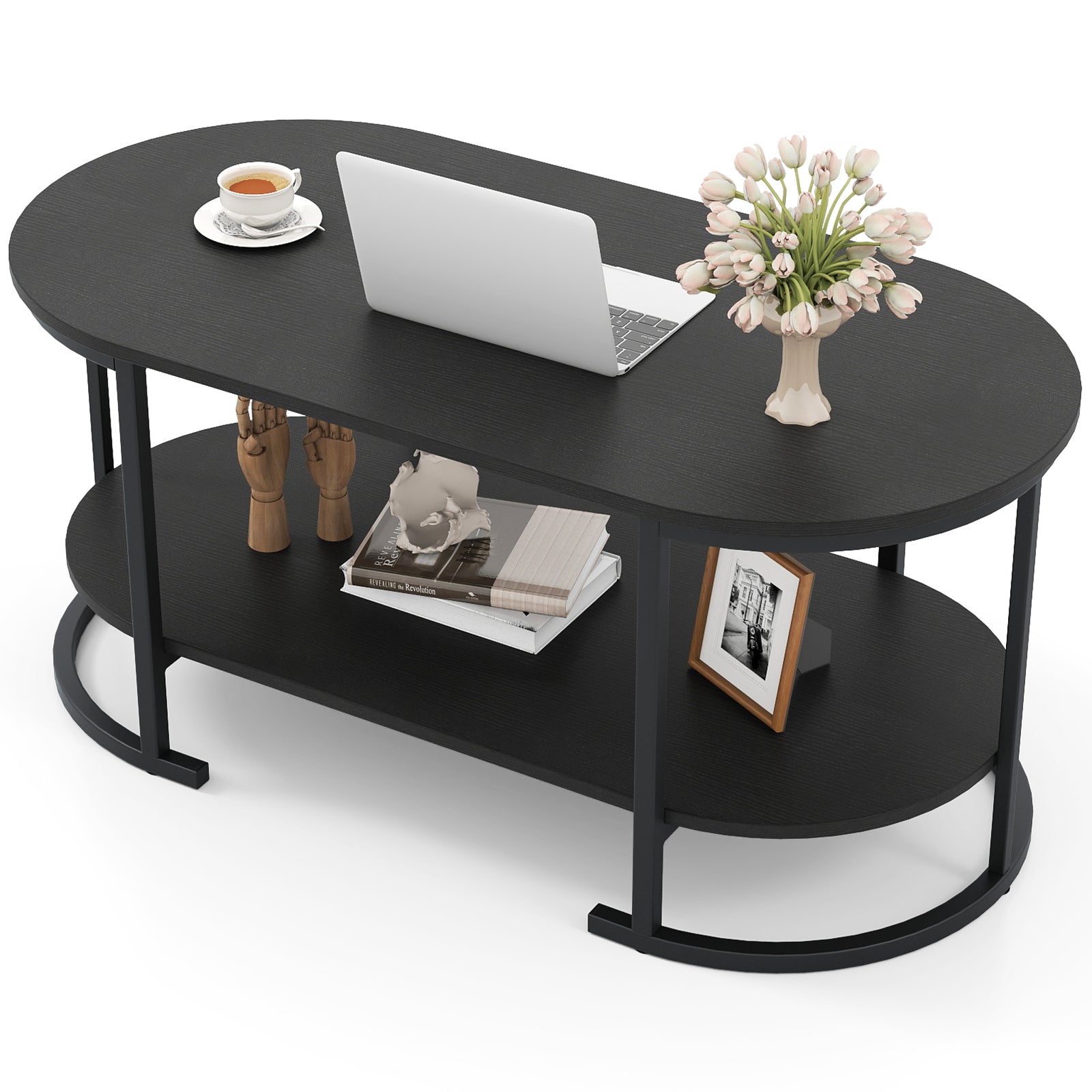 Oval Coffee Table, 2-Tier Wooden Accent, Black Coffee Tables at Gallery Canada