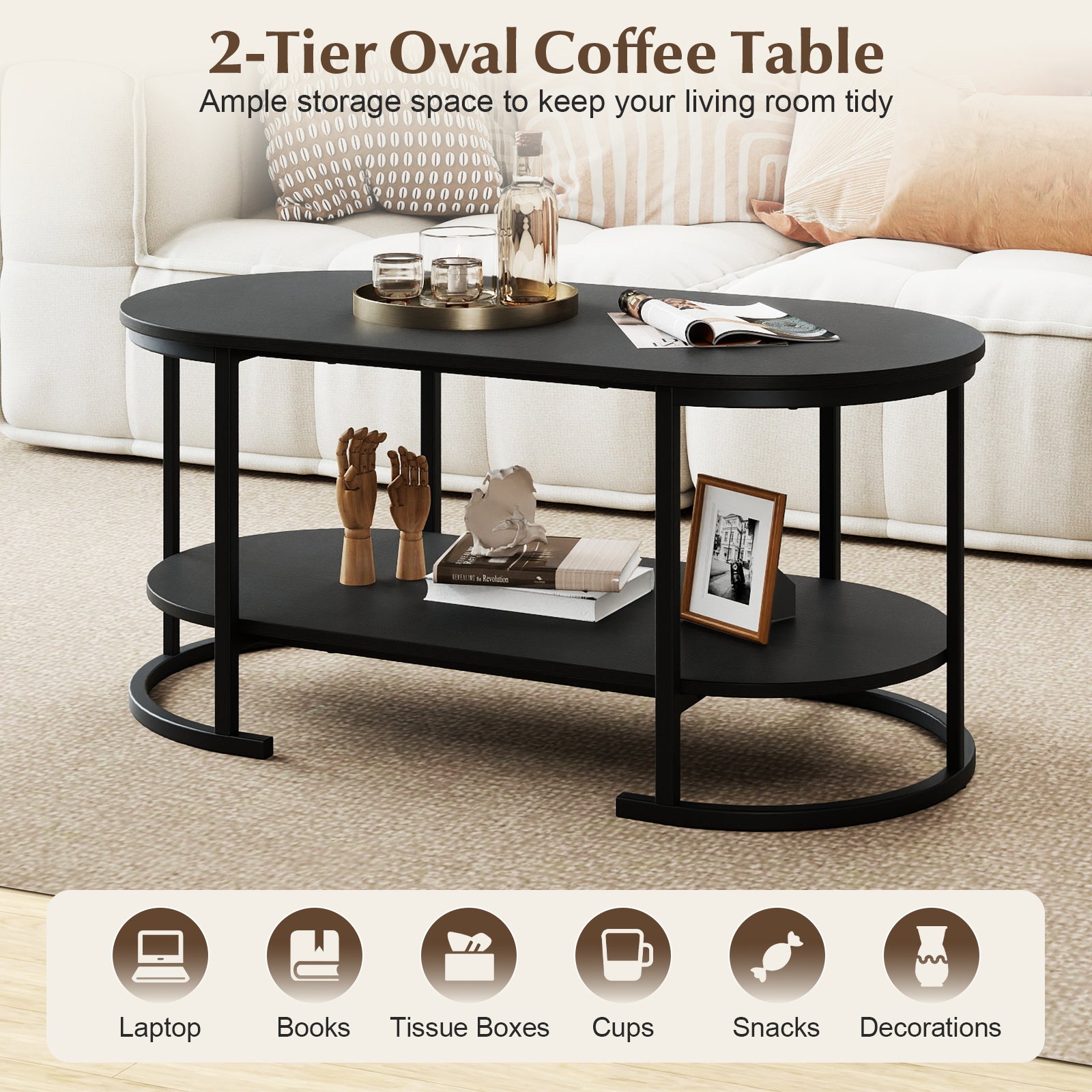 Oval Coffee Table, 2-Tier Wooden Accent, Black Coffee Tables at Gallery Canada