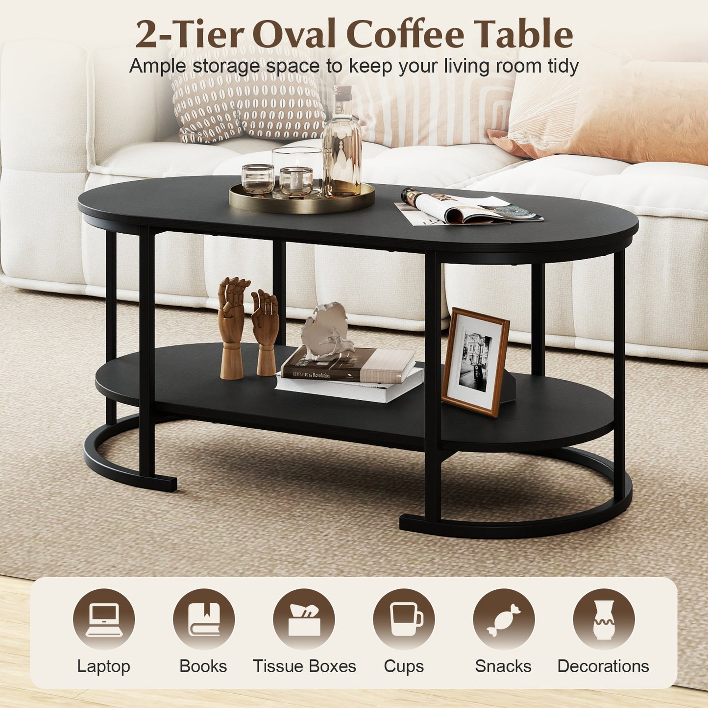 Oval Coffee Table, 2-Tier Wooden Accent, Black Coffee Tables at Gallery Canada