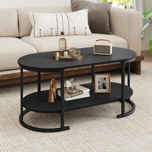 Oval Coffee Table, 2-Tier Wooden Accent, Black Coffee Tables Black at Gallery Canada