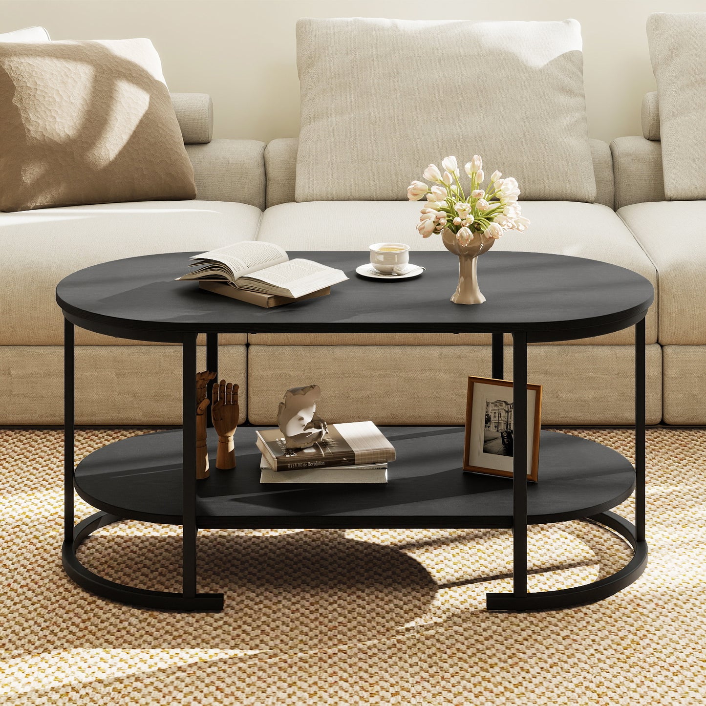 Oval Coffee Table, 2-Tier Wooden Accent, Black Coffee Tables at Gallery Canada