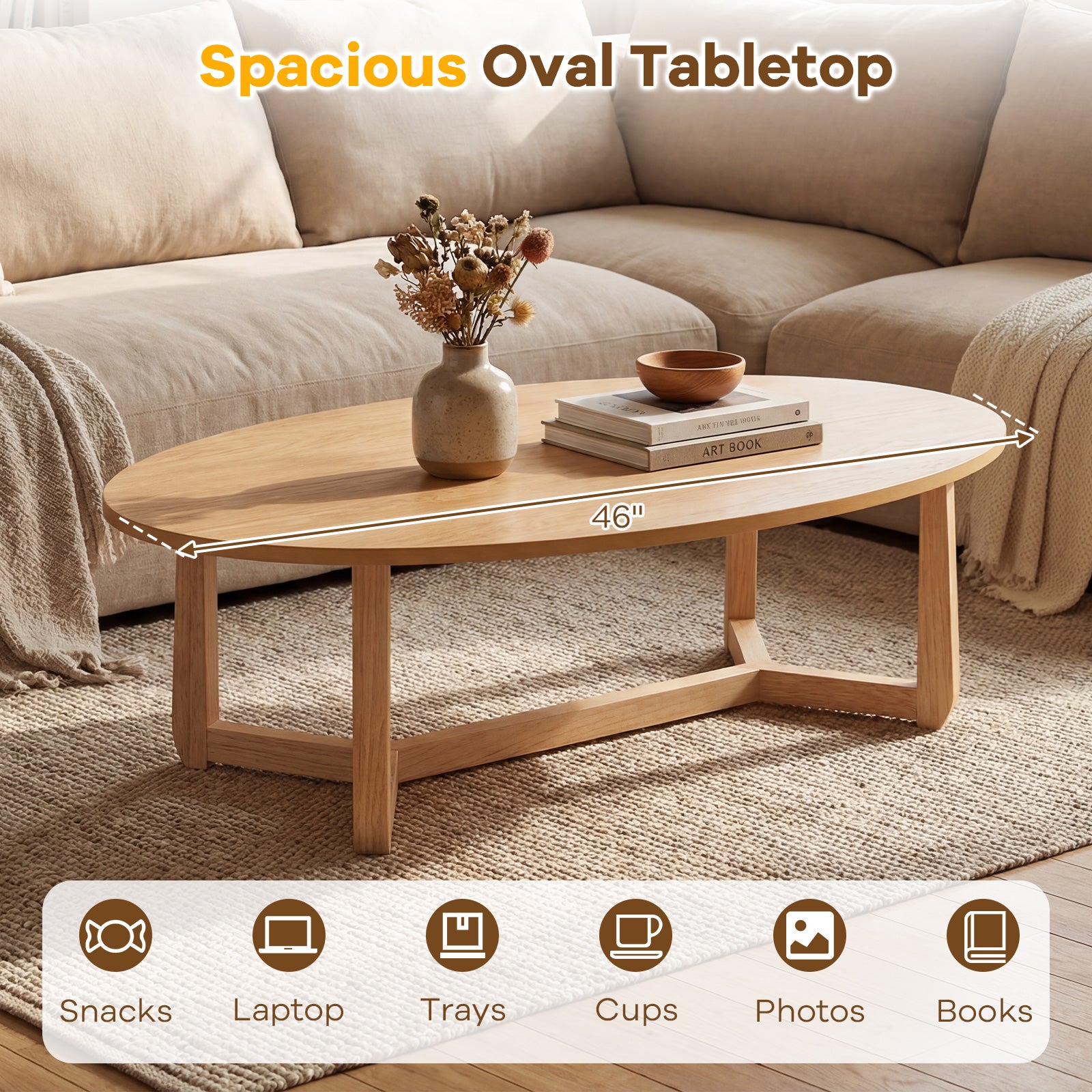 Oval Coffee Table 46 Inches, Natural Wooden Accent Table Coffee Tables at Gallery Canada